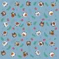 Bulls have cute faces. Beautiful, on a blue background, with twigs, green leaves, red apples, randomly arranged. Print on fabric,
